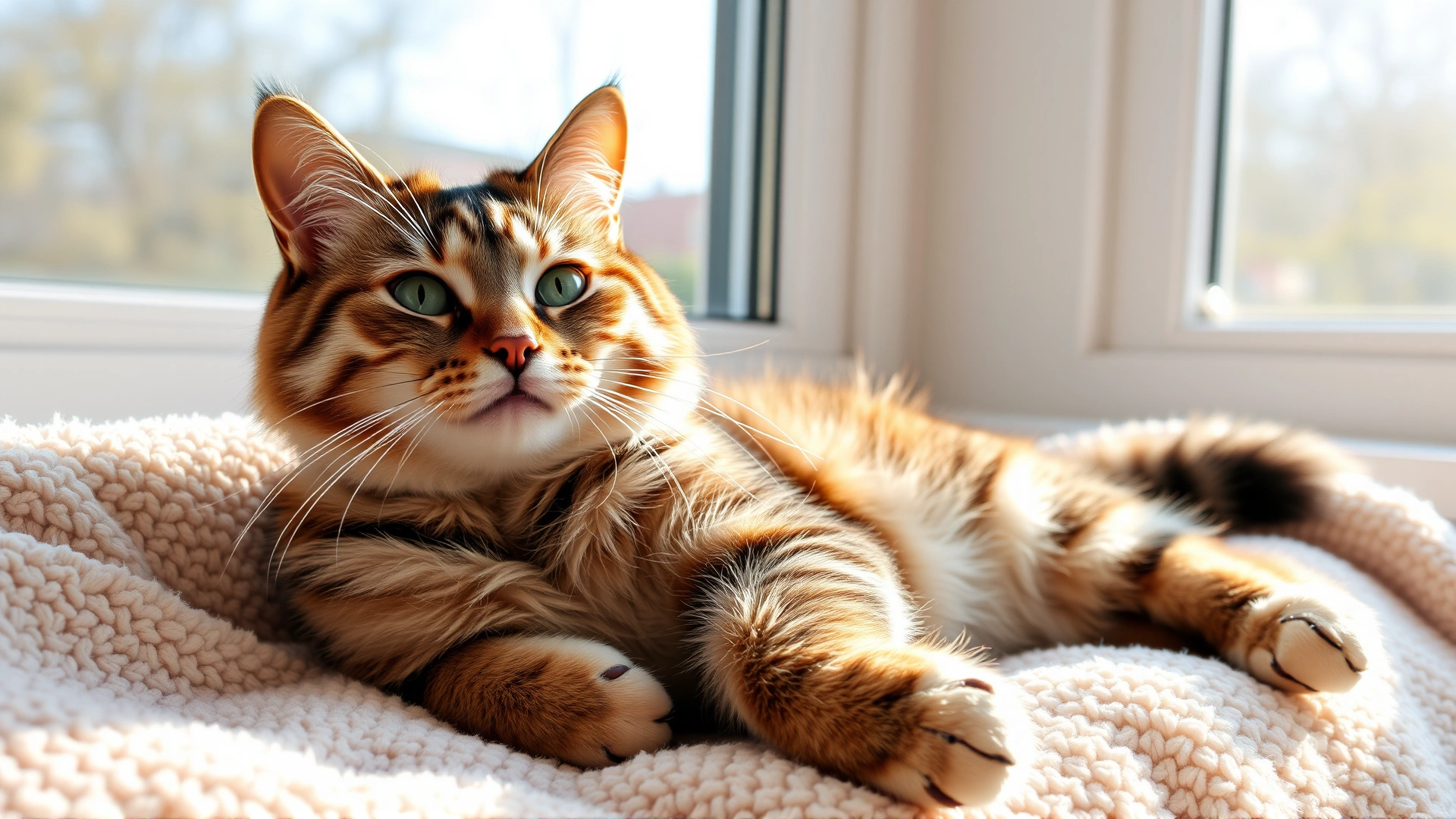 Happy senior cat lounging comfortably on a plush blanket near a sunny window, symbolizing improved quality of life after treatment