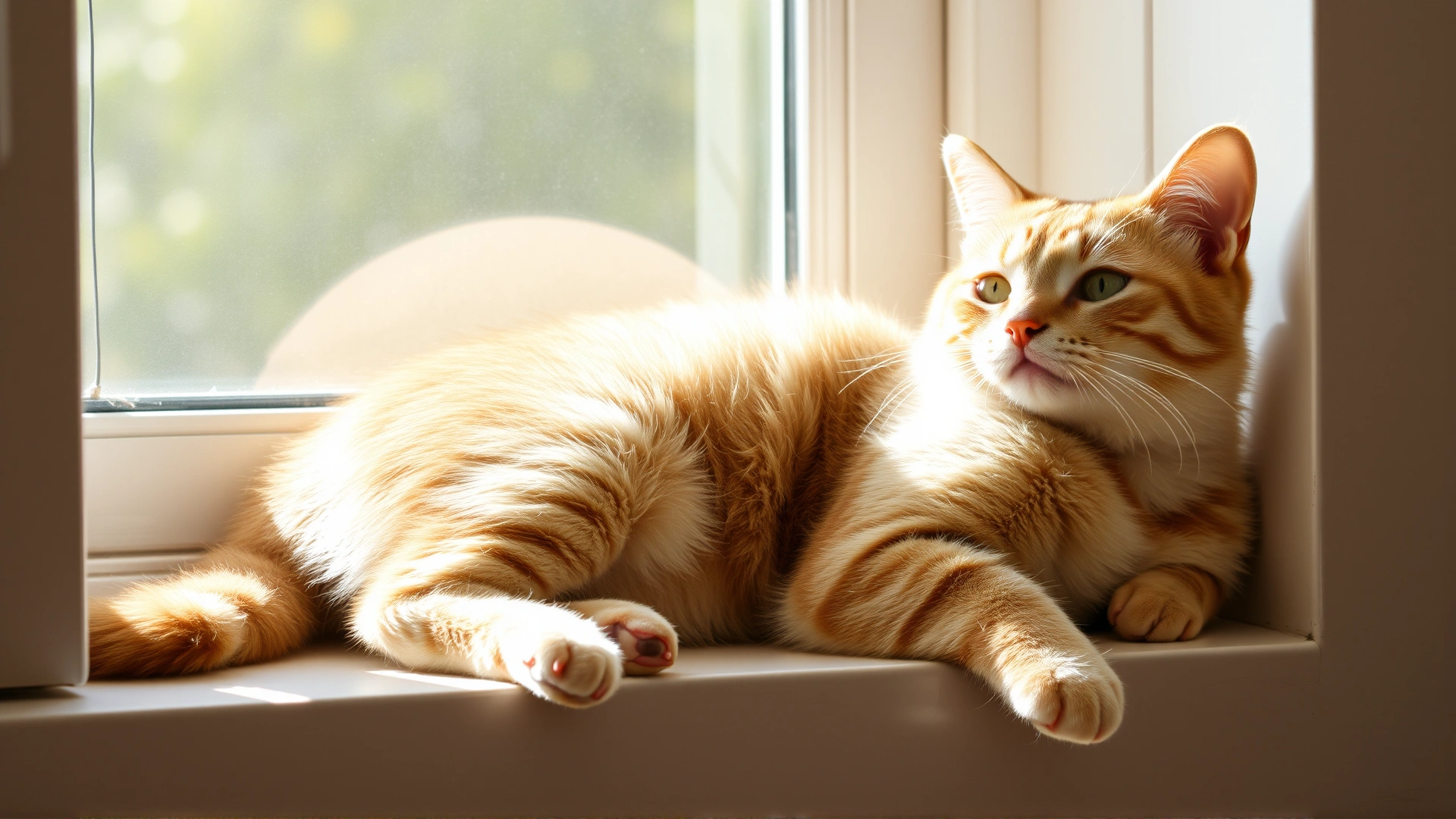 Bright, cheerful photo of a healthy-looking cat with a shiny coat lounging on a sunny windowsill, conveying recovery and well-being.