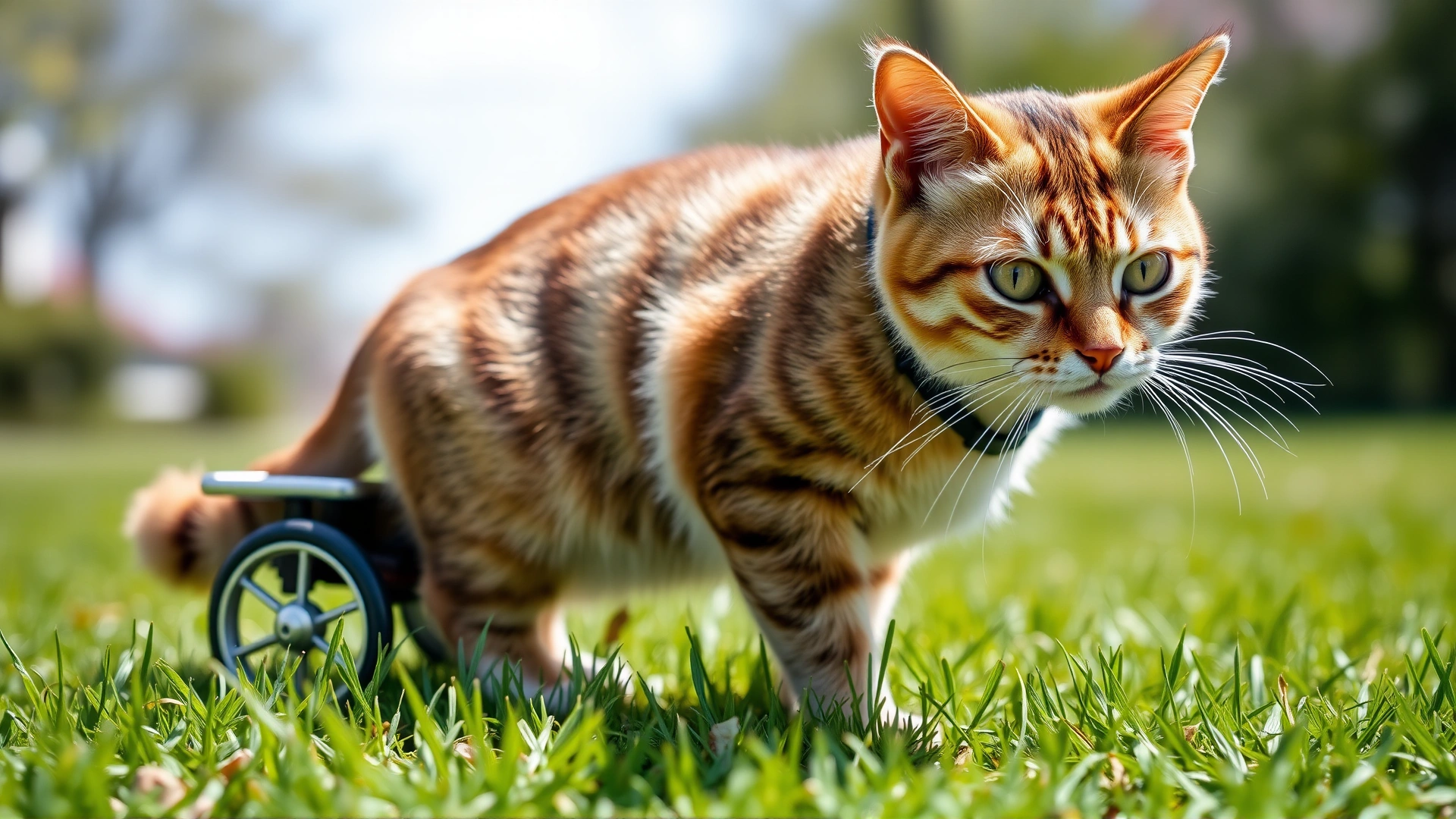 Cat wearing a small supportive harness cart helping its hind legs, outdoors on fresh green grass, sunny day