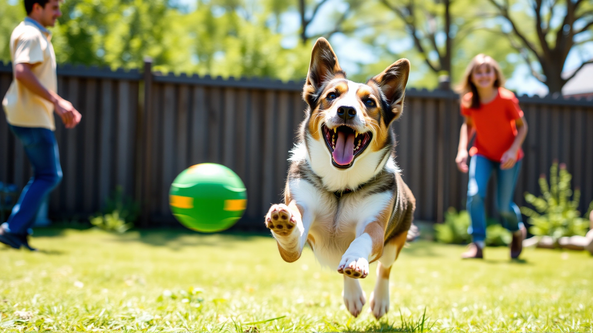 Mountain Cur joyfully playing fetch with a family in a fenced backyard, motion blur on the ball, bright sunny day, candid lifestyle photograph