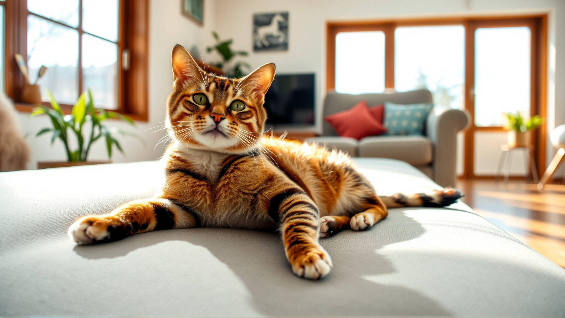 A happy indoor cat lounging on a clean couch in a sun-lit living room, representing prevention and good hygiene.