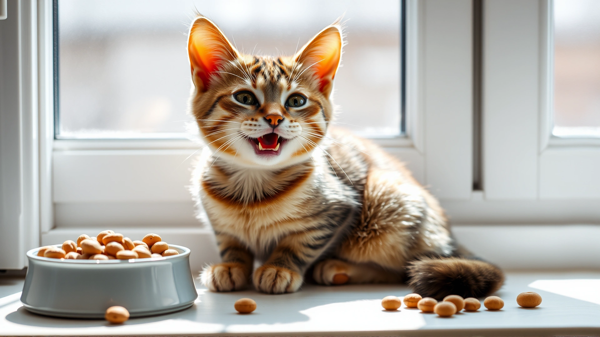 Happy domestic short-hair cat sitting next to a bowl of kibble on a sunny windowsill