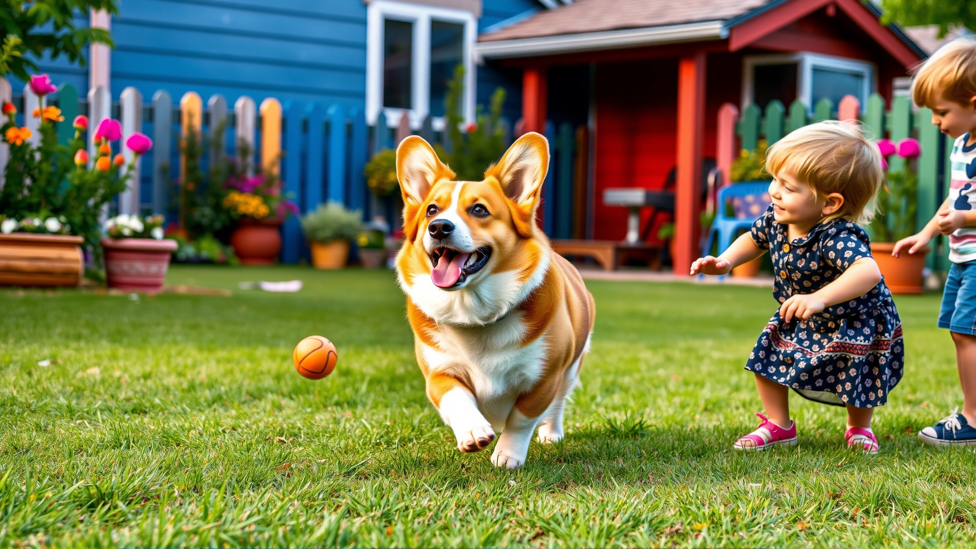 Happy Pembroke Welsh Corgi playing fetch with two young children in a colorful suburban backyard.