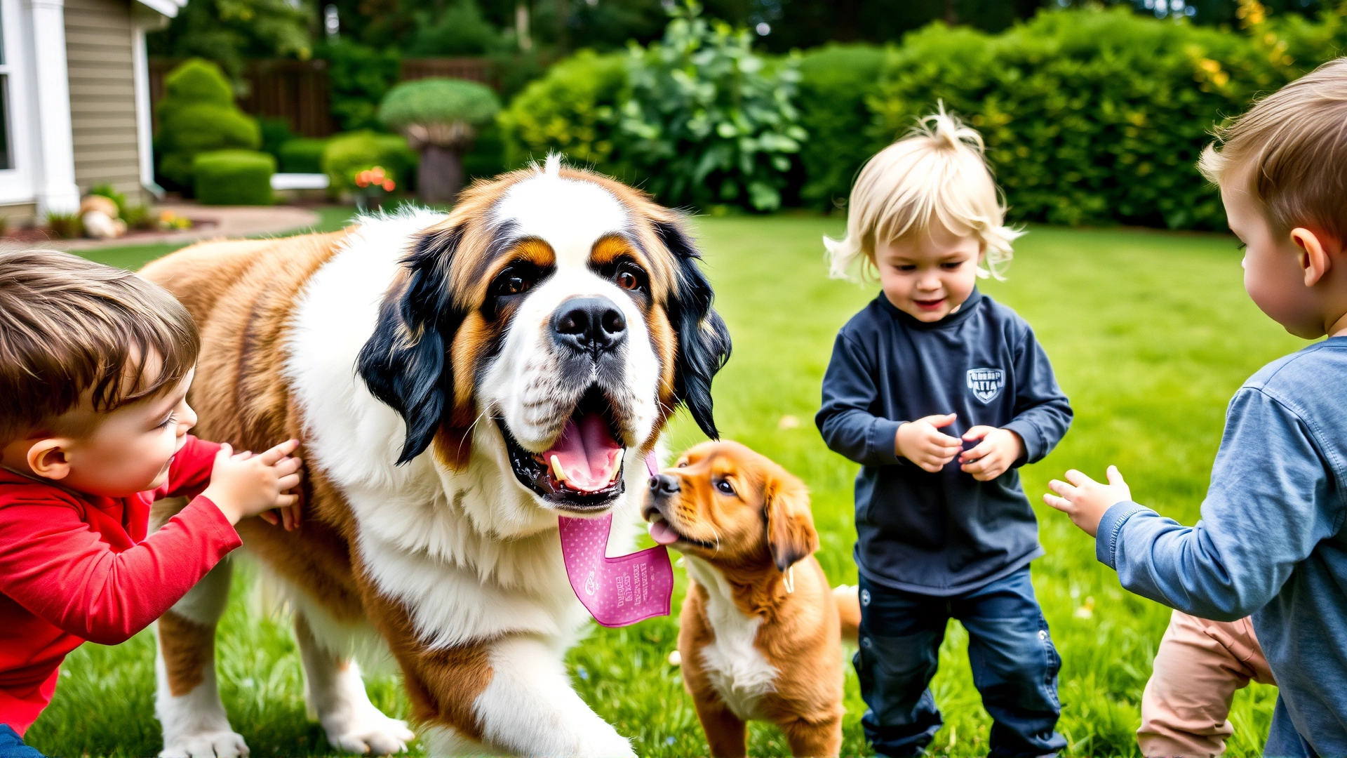 A friendly Saint Bernard interacting and playing with children in a green backyard or park setting.