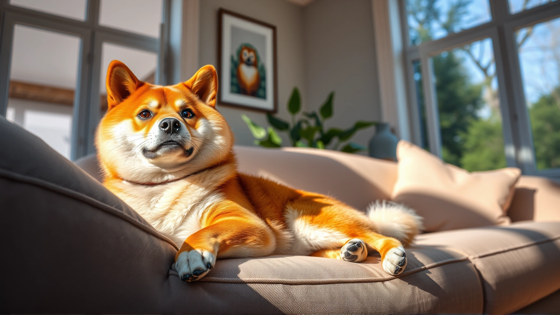 Bright indoor living-room scene with a Shiba Inu lounging comfortably on a sofa, natural light streaming through windows.