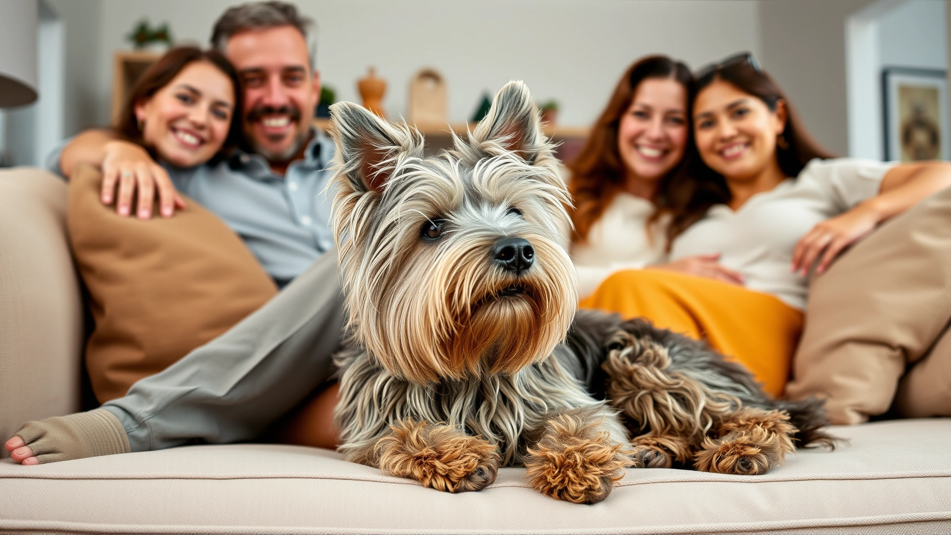 Skye Terrier lounging comfortably on a living-room sofa alongside a smiling family, warm and cozy atmosphere.