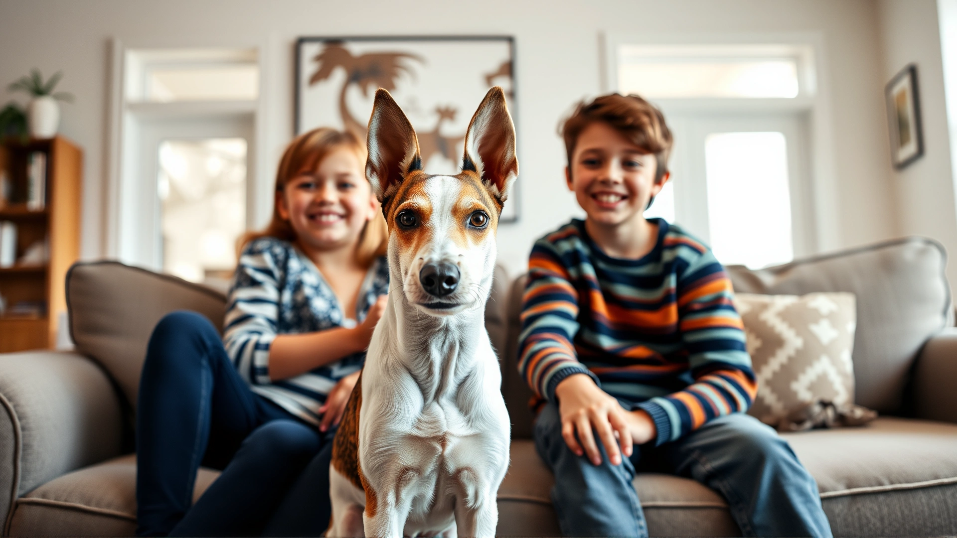 A Smooth Fox Terrier sitting on a couch next to two smiling children in a modern living room, natural light, cozy family atmosphere