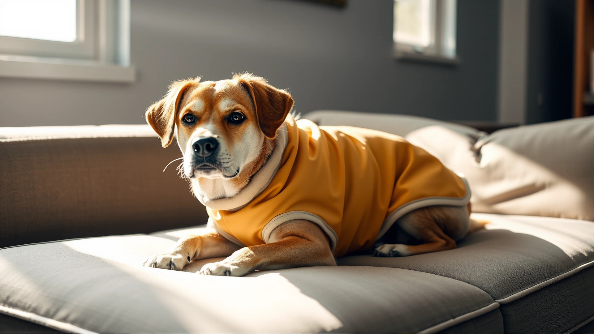 Indoor scene of a dog wearing a lightweight protective cotton shirt, lying comfortably on a clean couch with sunlight streaming through a window, portraying preventive care