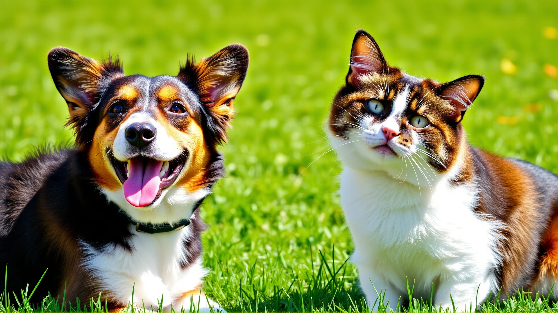 Happy dog and cat sitting together on a sunny lawn, bright colors, shallow depth of field, no text