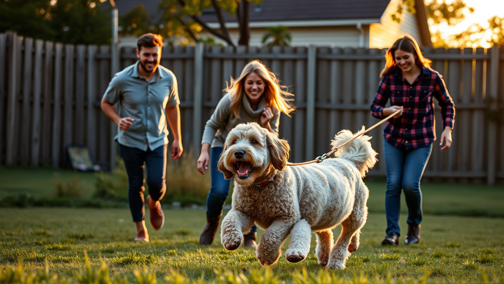 A smiling family of four playing fetch with an adult Irish Doodle in a fenced backyard during golden hour.