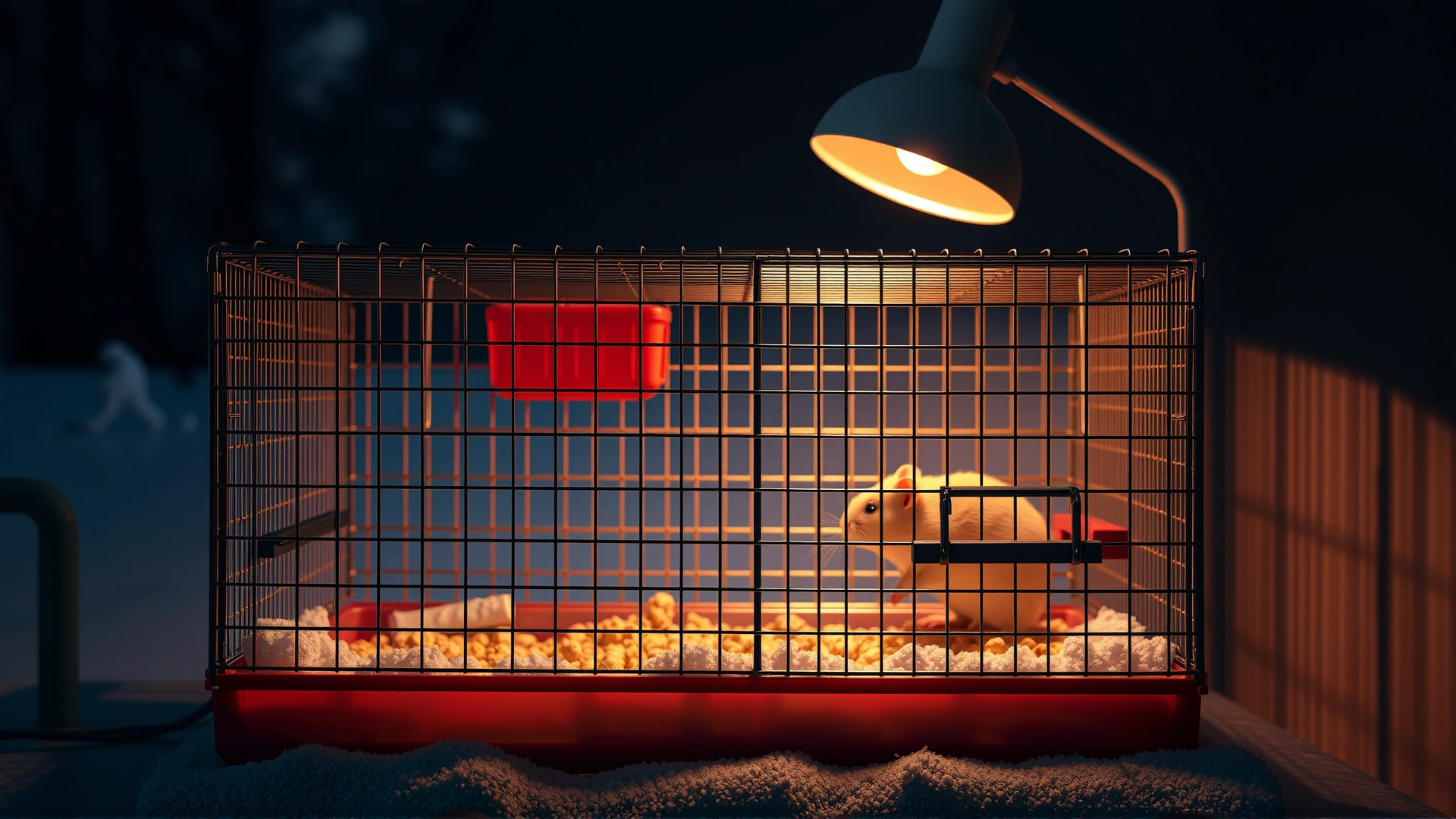 Table lamp illuminating a hamster cage during evening hours to simulate extended daylight in winter.