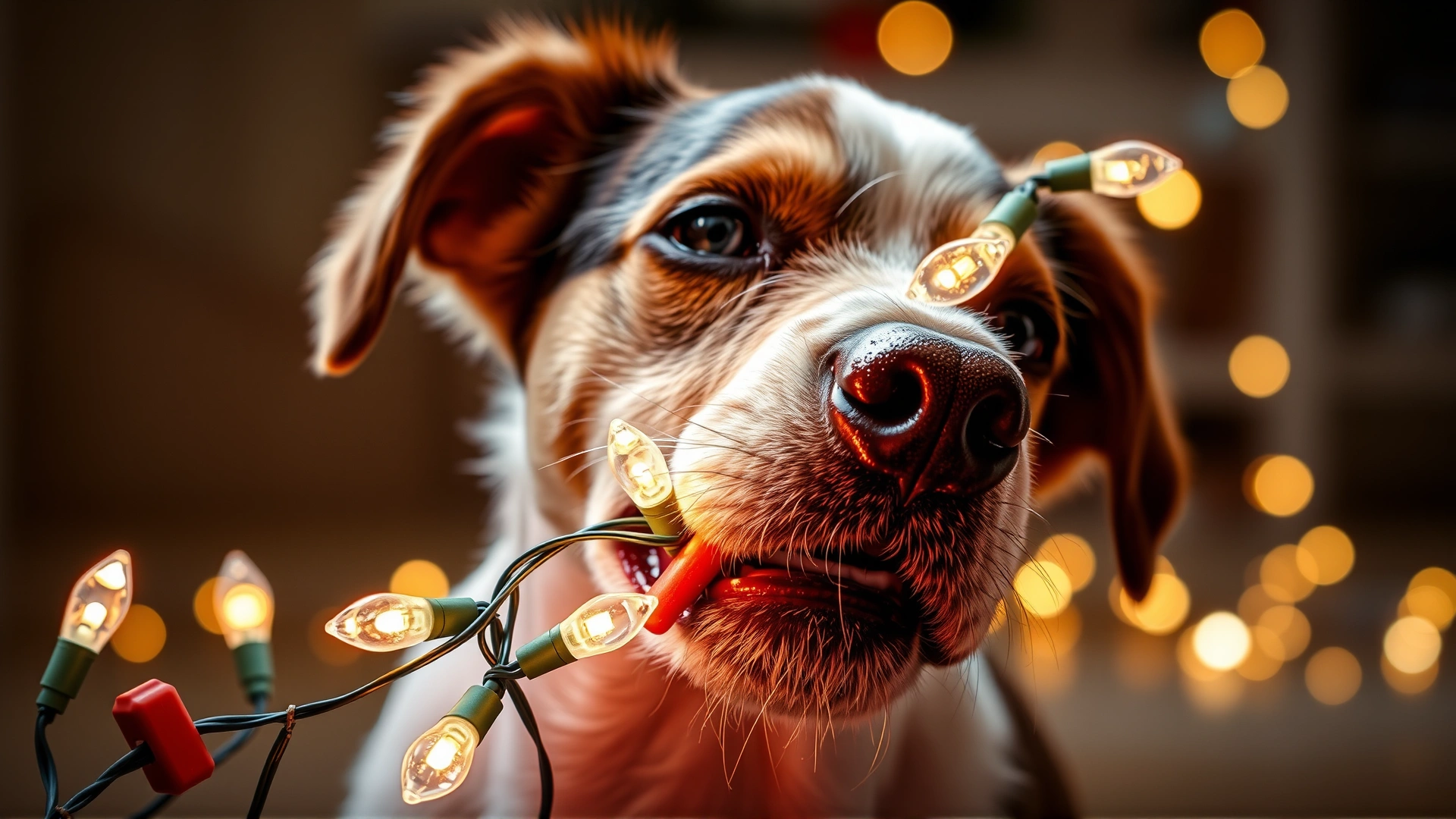 Dog chewing on an unplugged string of Christmas lights, alerting to electrical hazards.