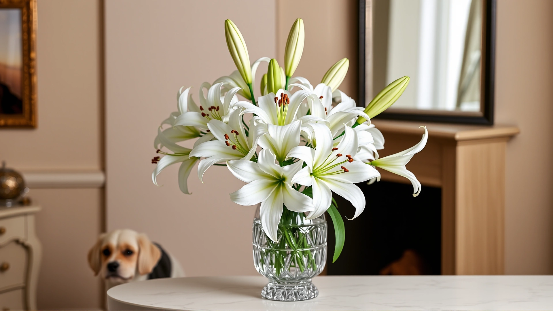 Elegant white lilies arranged in a crystal vase on a mantelpiece with a dog visible in the room background.