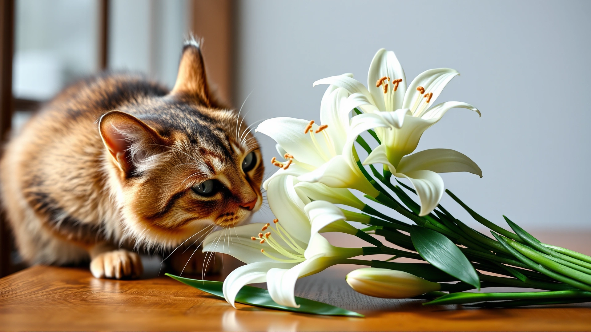 Domestic cat sniffing a bouquet of white lilies on a wooden table, daylight, shallow depth of field, no text