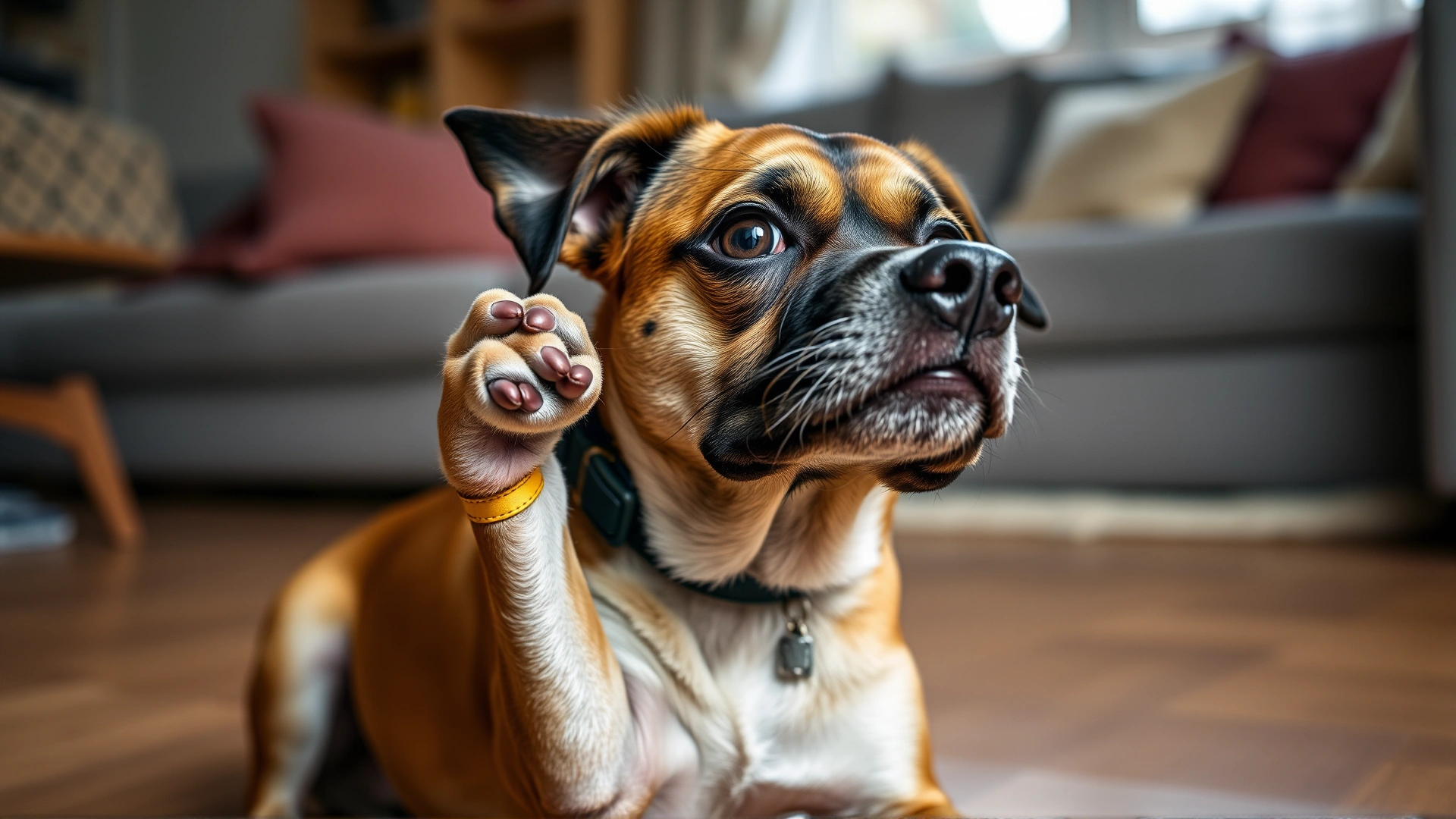 Curious dog with its paw accidentally stuck inside its collar while sitting on a living room floor, soft indoor lighting