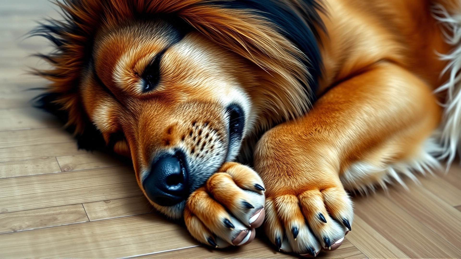 Dog resting with chest on floor and head on paws in lion pose, wooden floor background