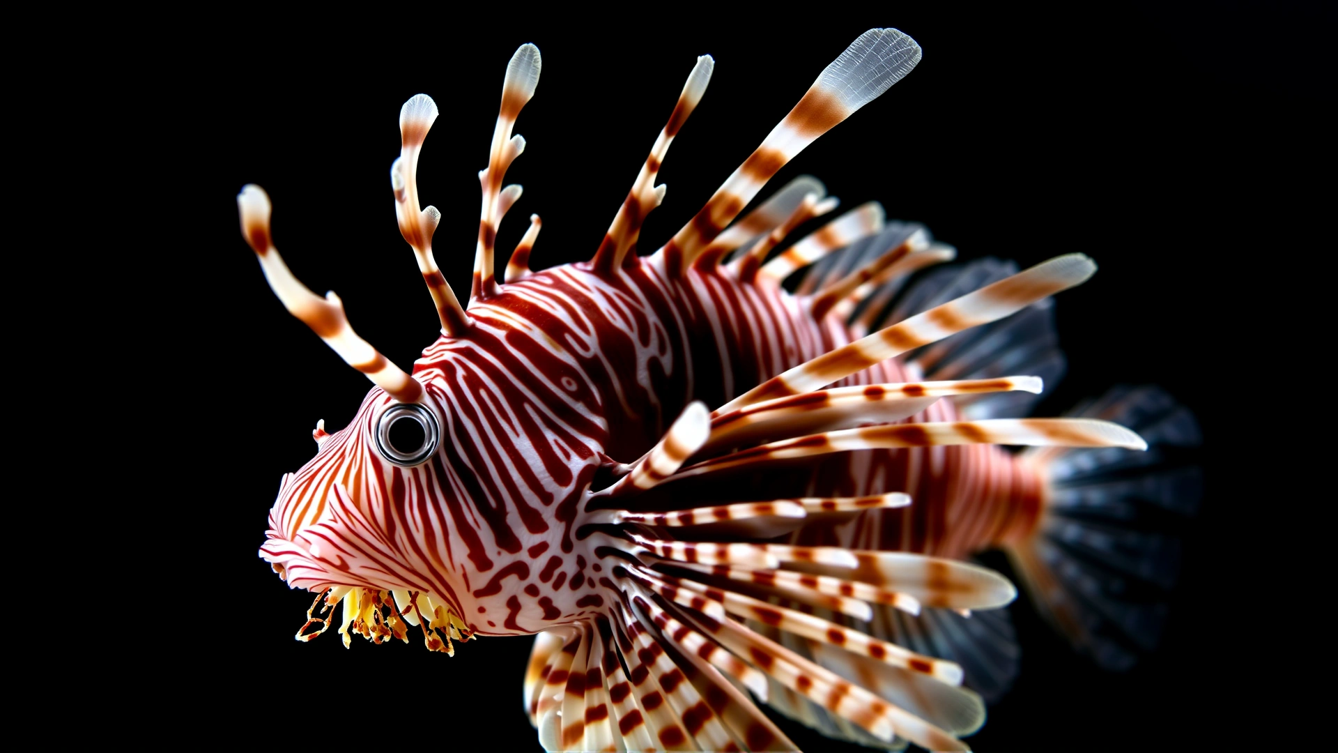 Macro side-profile photograph of a lionfish highlighting its ornate fins and venomous spines against a dark background