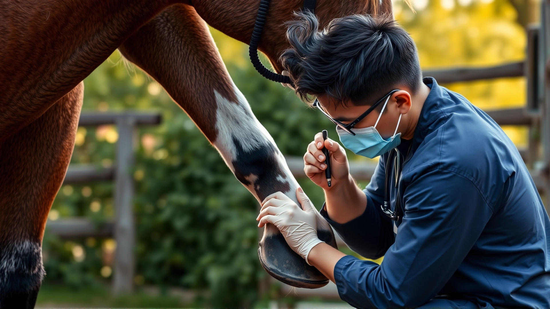 Equine veterinarian checking the hoof of a Lipizzan horse outdoors, highlighting preventive health care