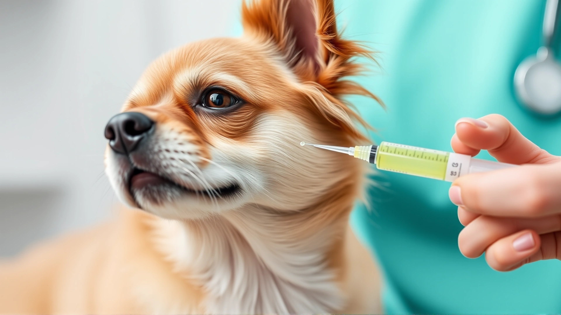 Side view of owner using an oral syringe to give a small dog liquid medication.