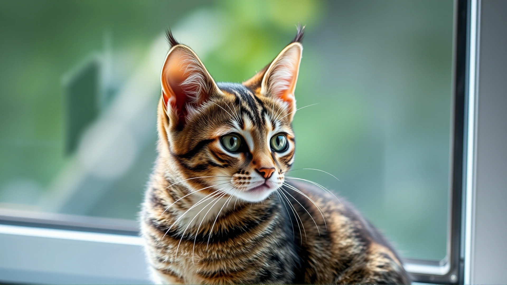 Young tabby cat sitting by a window, ears perked and slightly rotated as if listening intently