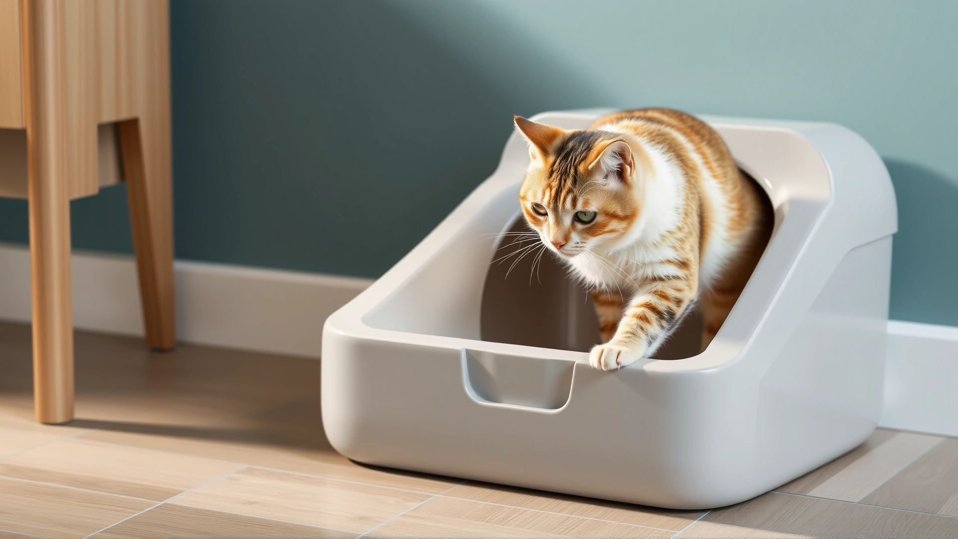 Low-sided litter box with easy entry; senior cat stepping inside