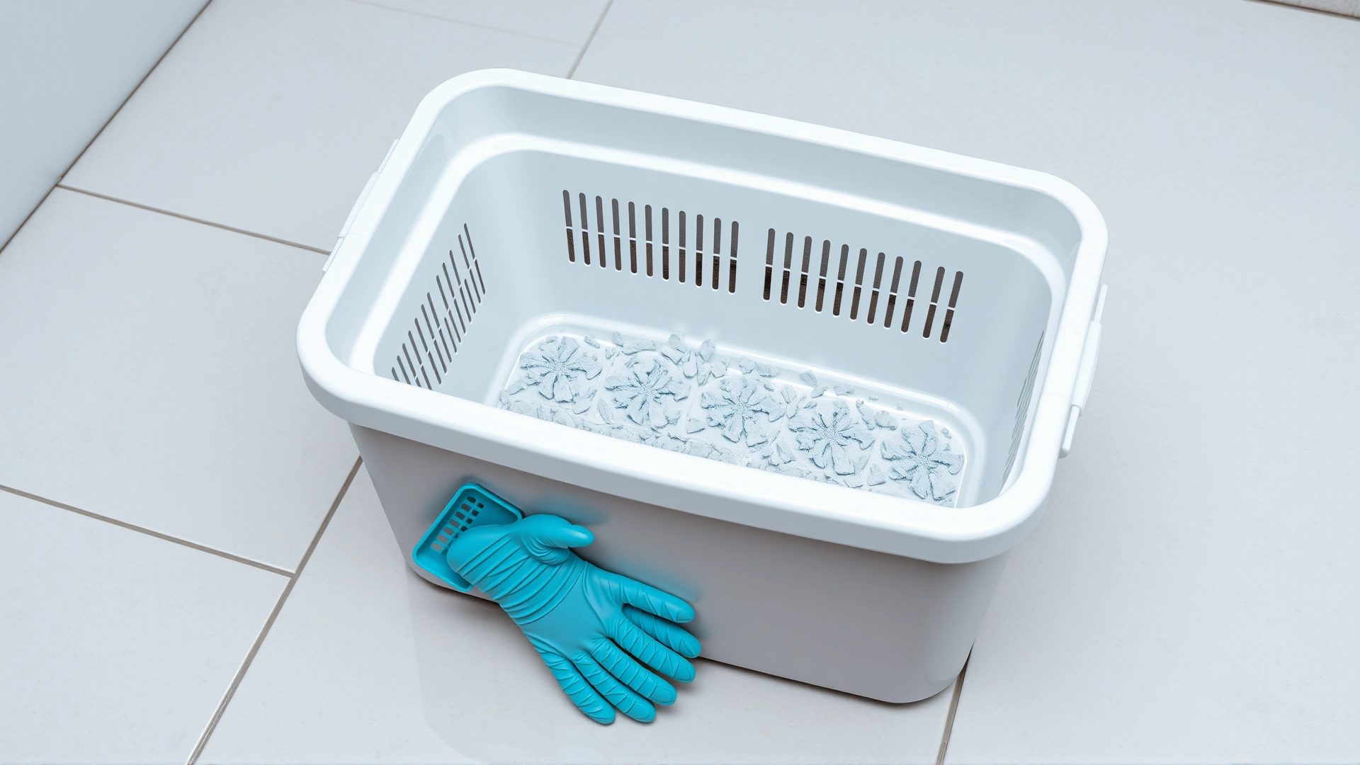 Clean cat litter box with scoop and disposable gloves beside it on a tiled floor, highlighting hygiene practices.