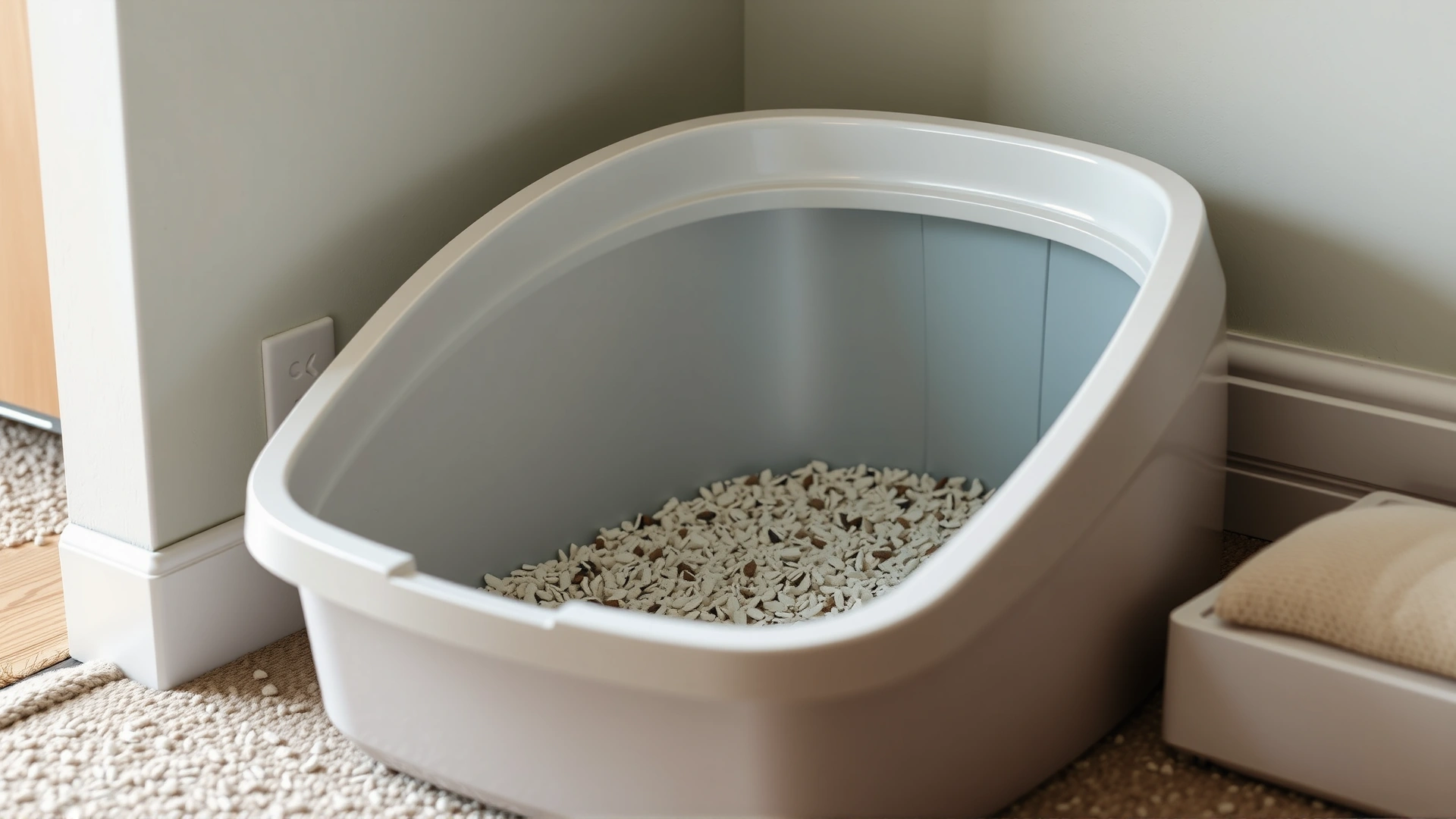 Sparkling clean open litter box filled with fresh clumping litter in a quiet corner of a home.