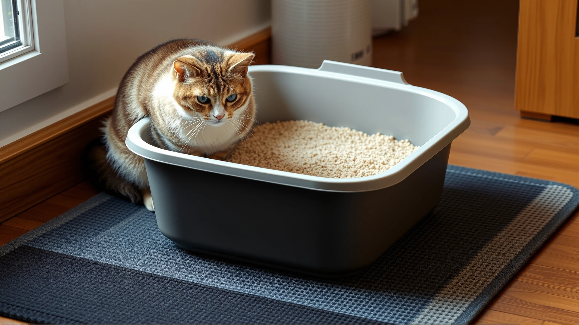 Low-sided litter box with fine sand placed on a non-slip mat next to an elderly cat for easy access.