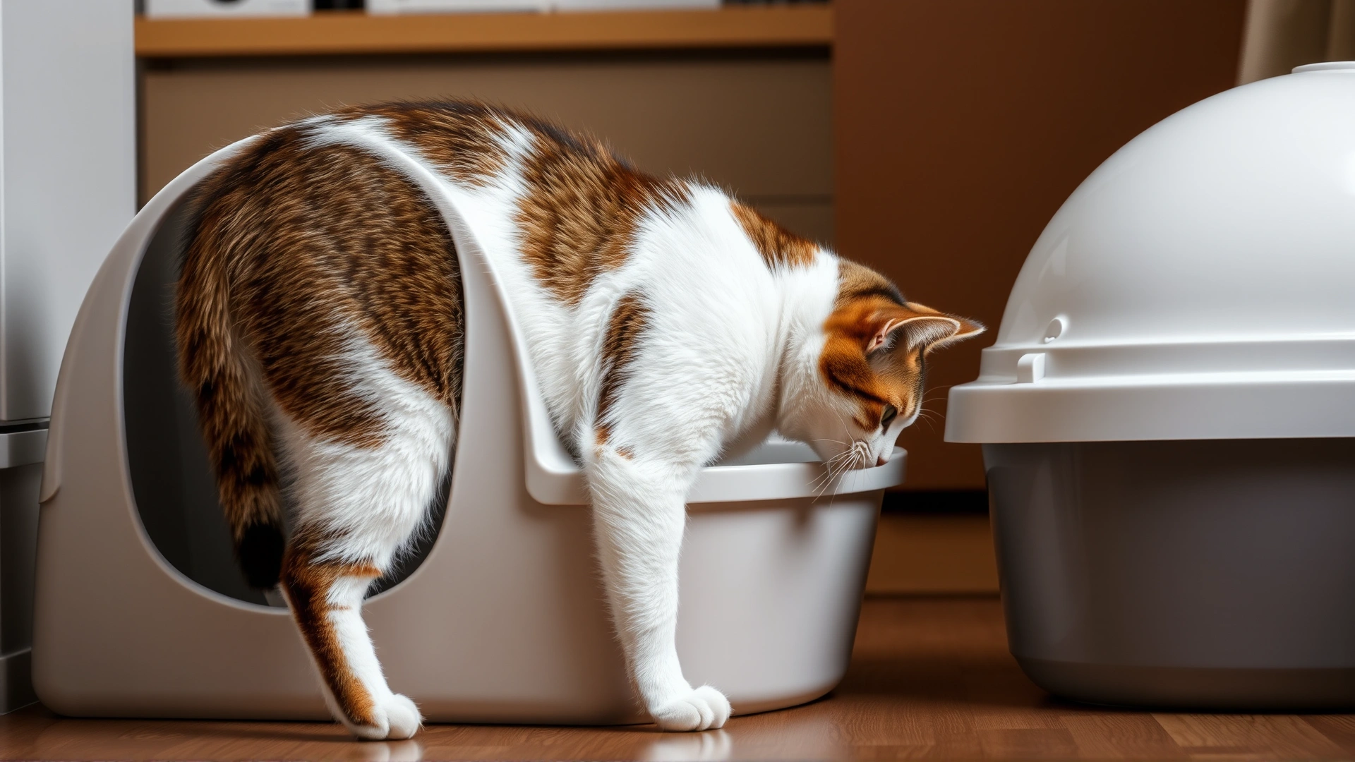 Domestic cat standing next to a clean litter box, sniffing it, indoor setting.