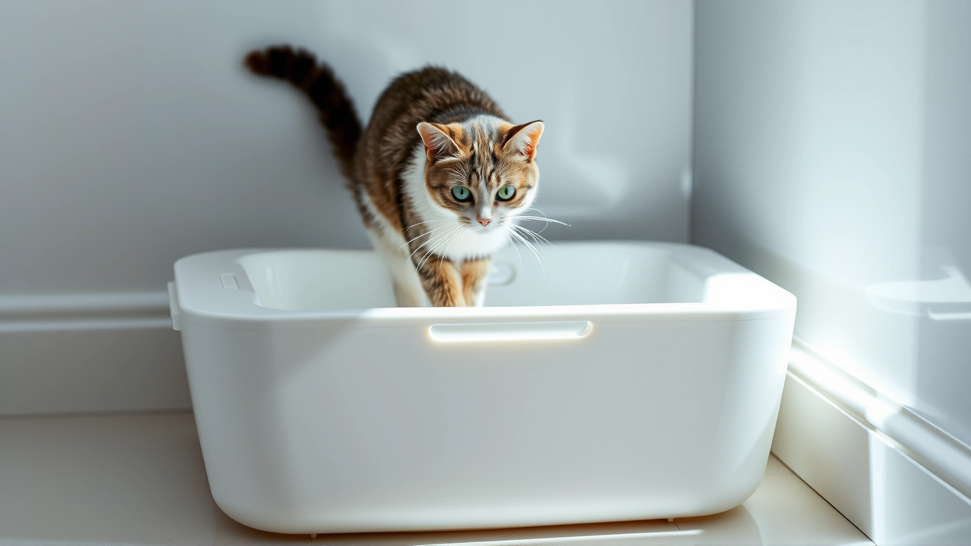 A clean litter box setup with a cat entering it; the scene is bright and minimalistic emphasizing hygiene