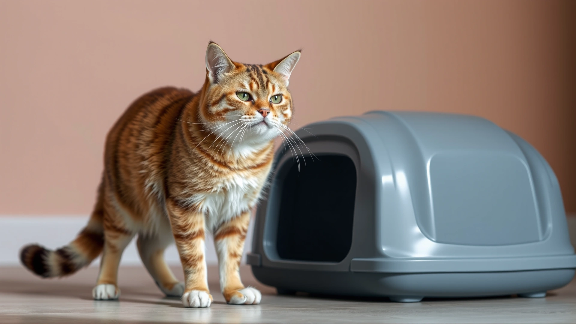 Cat standing near litter box looking uncomfortable, soft indoor lighting, illustrates bowel discomfort.