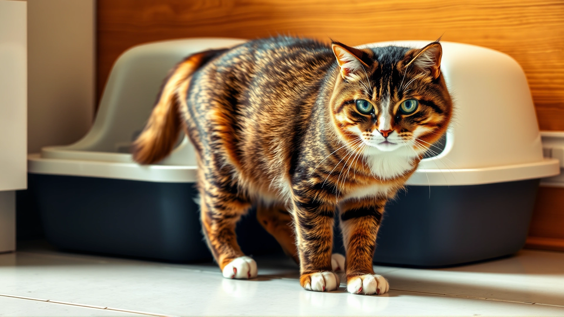 Cat standing beside a litter box, looking uncertain, highlighting litter box related stress behaviors.