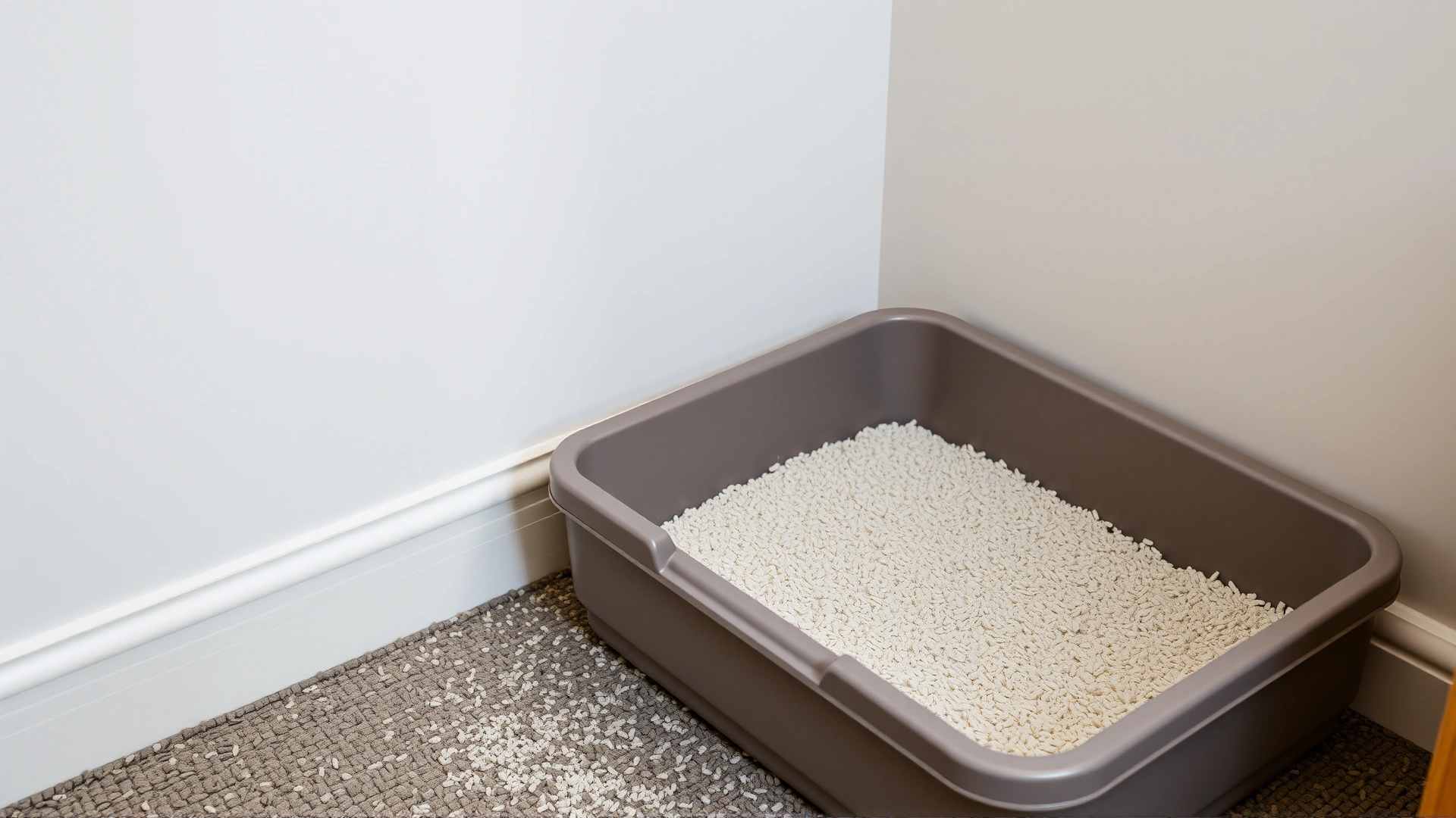 High-resolution photo of an uncovered, low-sided litter box filled with fine, dust-free litter, placed in a quiet corner of a tidy room.