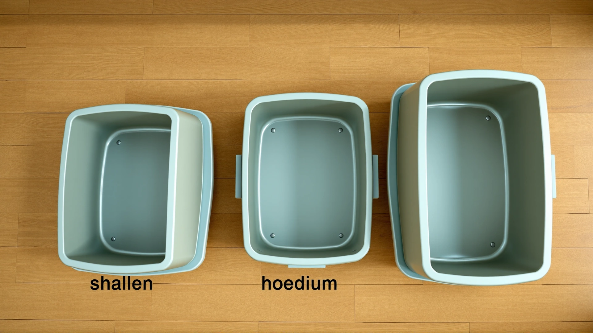 Top-down shot of three different litter boxes (small, medium, large) lined up side-by-side on a wooden floor for size comparison, without any text labels.