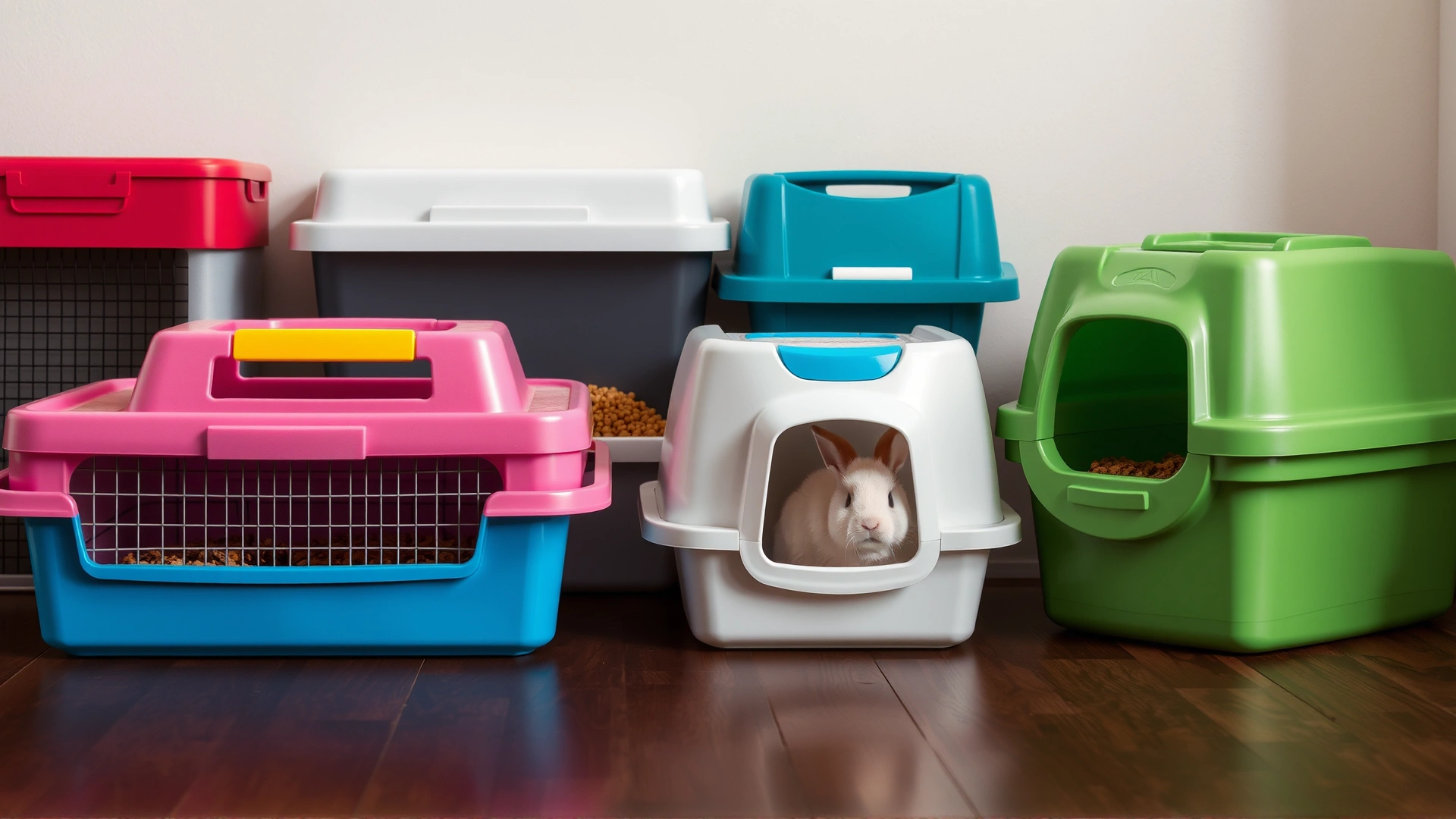 Close-up of different types and sizes of rabbit litter boxes lined up on a wooden floor.