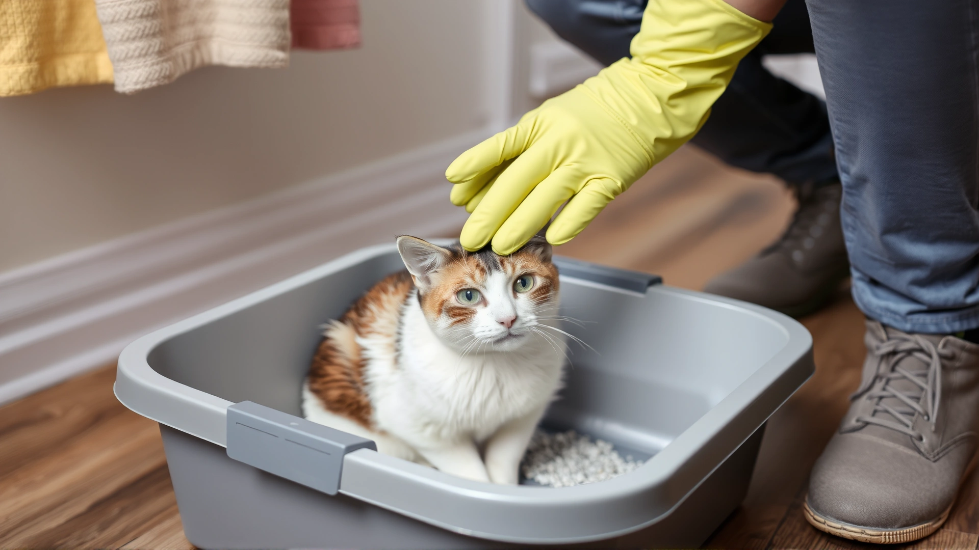 Owner wearing gloves while cleaning a cat litter box, focusing on hygiene and sanitation
