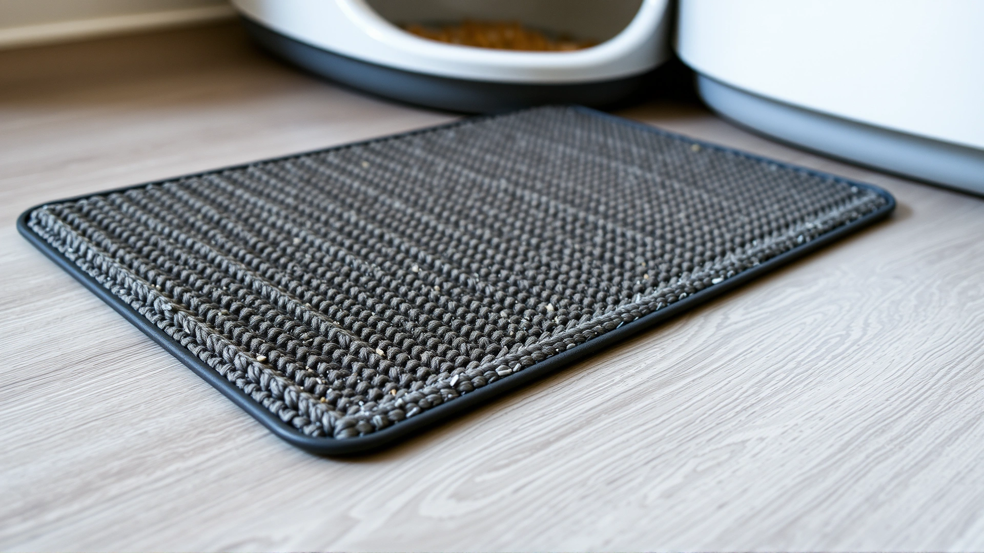 A textured litter trapping mat placed in front of a litter box, photographed from a slight angle to show depth and pattern, with a few scattered litter granules for realism.