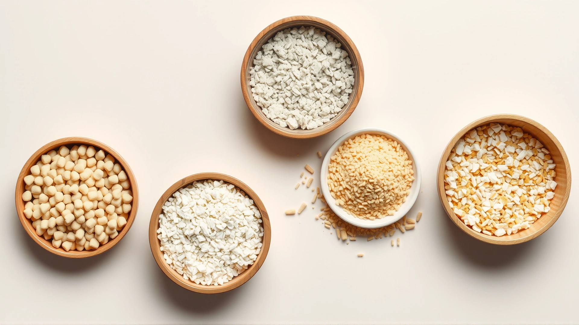 Flat lay of various cat litter types placed in small bowls—paper pellets, fine clay, silica micro-crystals, and corn-based litter—on a neutral background.