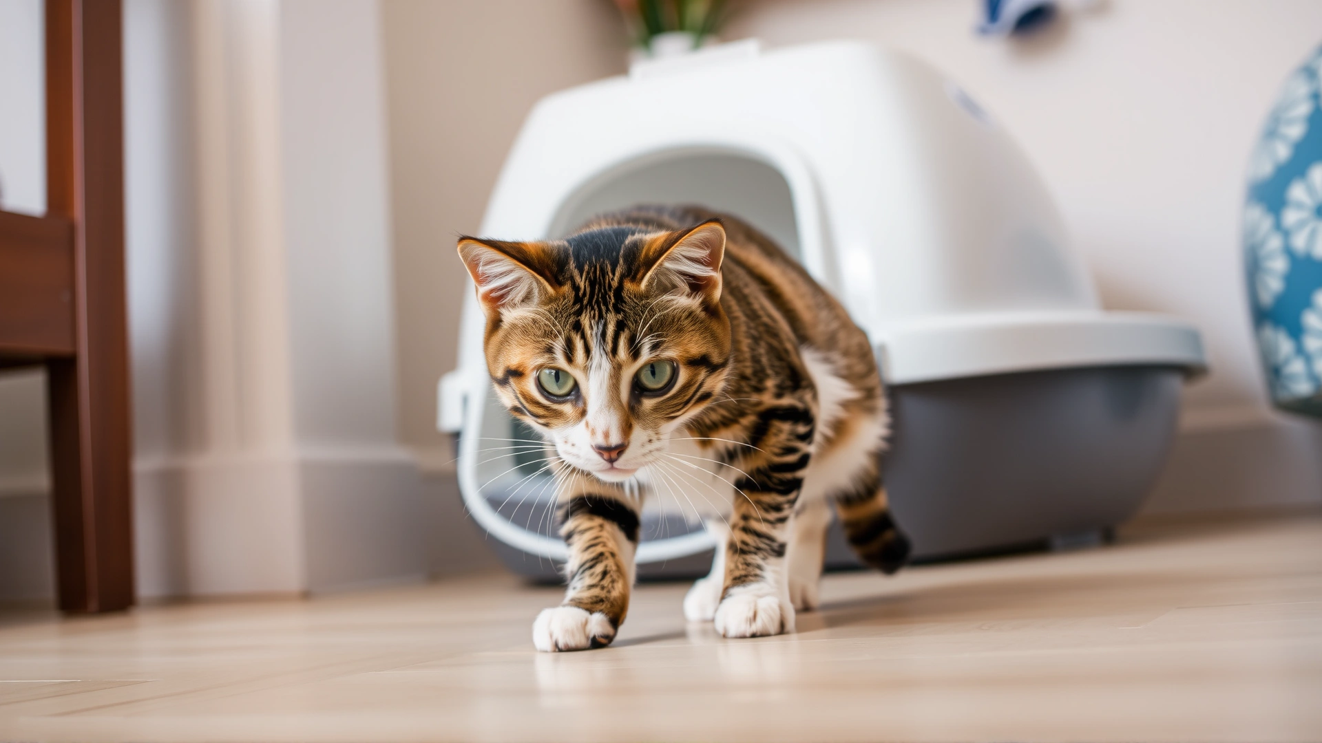 Tabby cat hesitating in front of a clean litter box, ears slightly back, indoor home environment