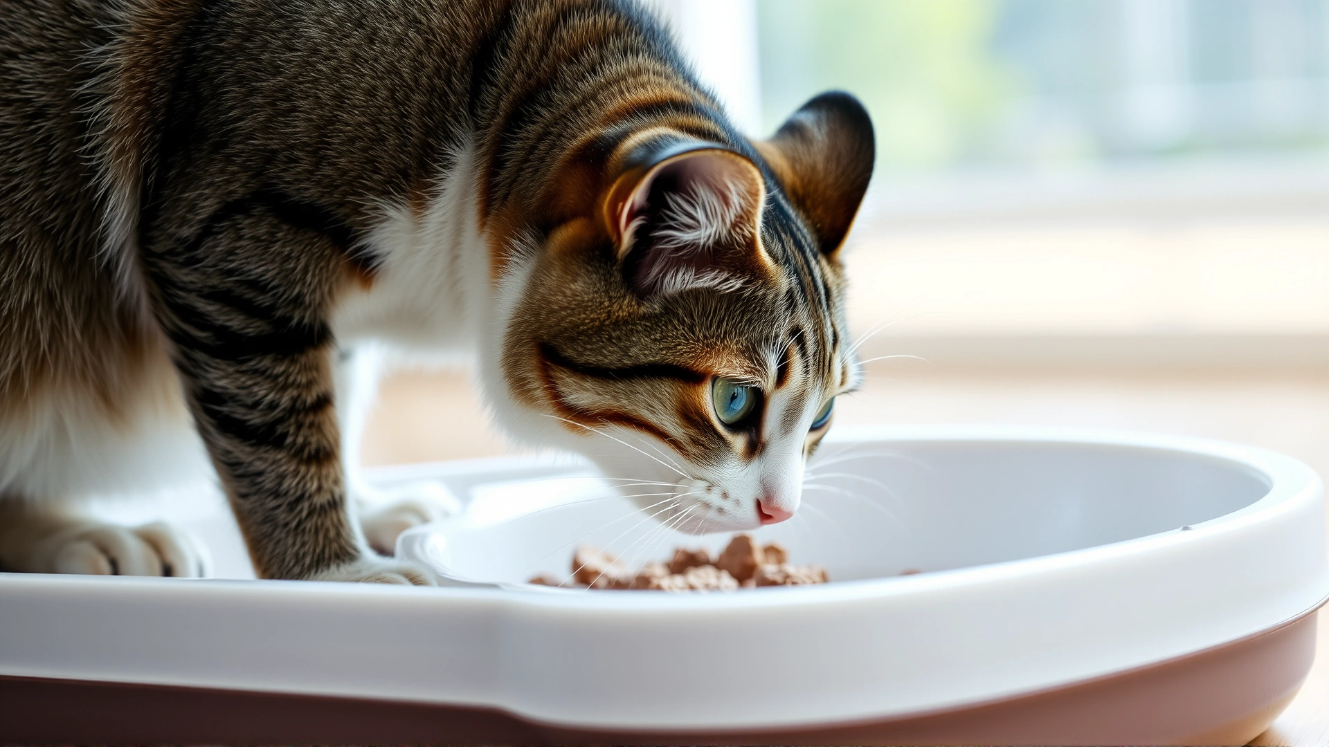 Close-up of a tabby cat sniffing a freshly scooped litter box in a bright room, illustrating routine stool monitoring