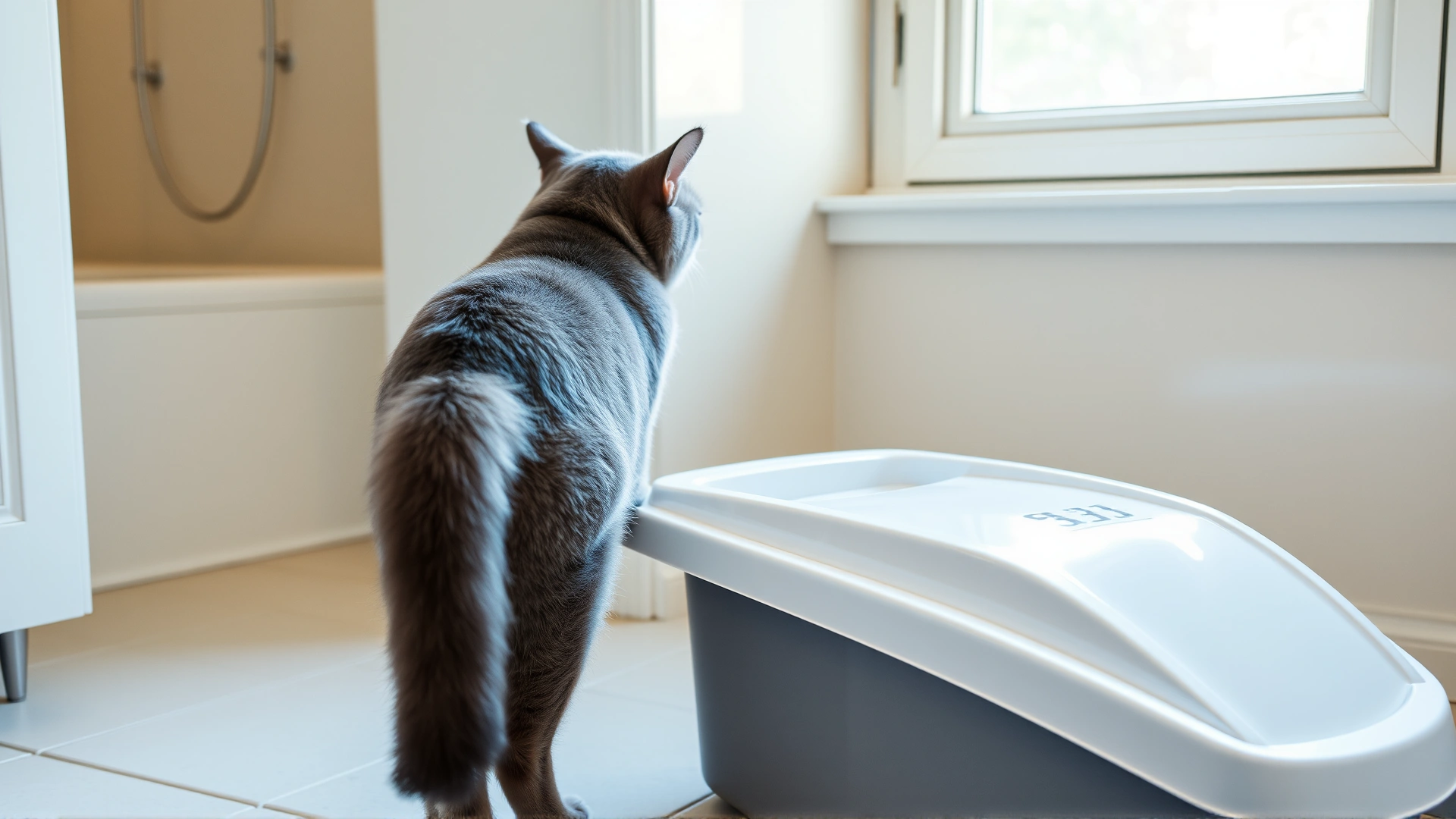 Grey cat standing beside a clean litter box, looking back over shoulder with a concerned expression, bathroom setting, natural light.