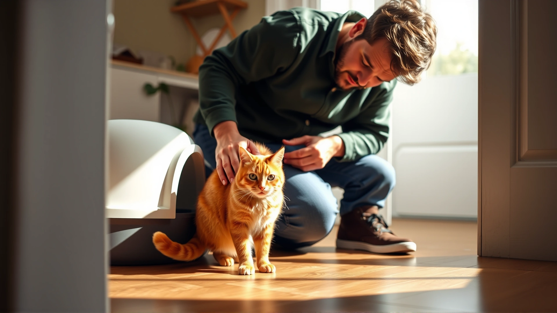 Concerned cat owner kneeling beside a litter box while an orange cat looks on, home interior, natural lighting