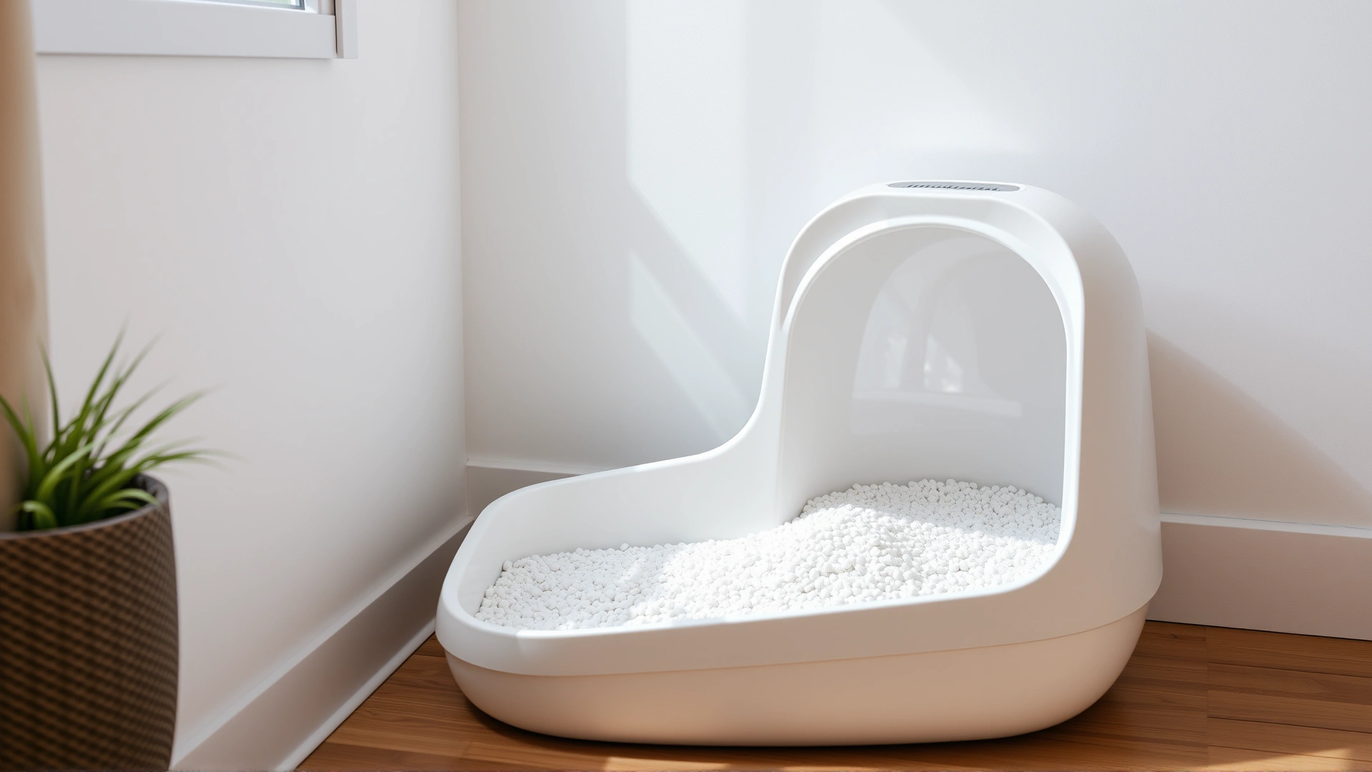 Image of a clean modern litterbox with fresh litter, placed in a bright corner of a tidy room, no text