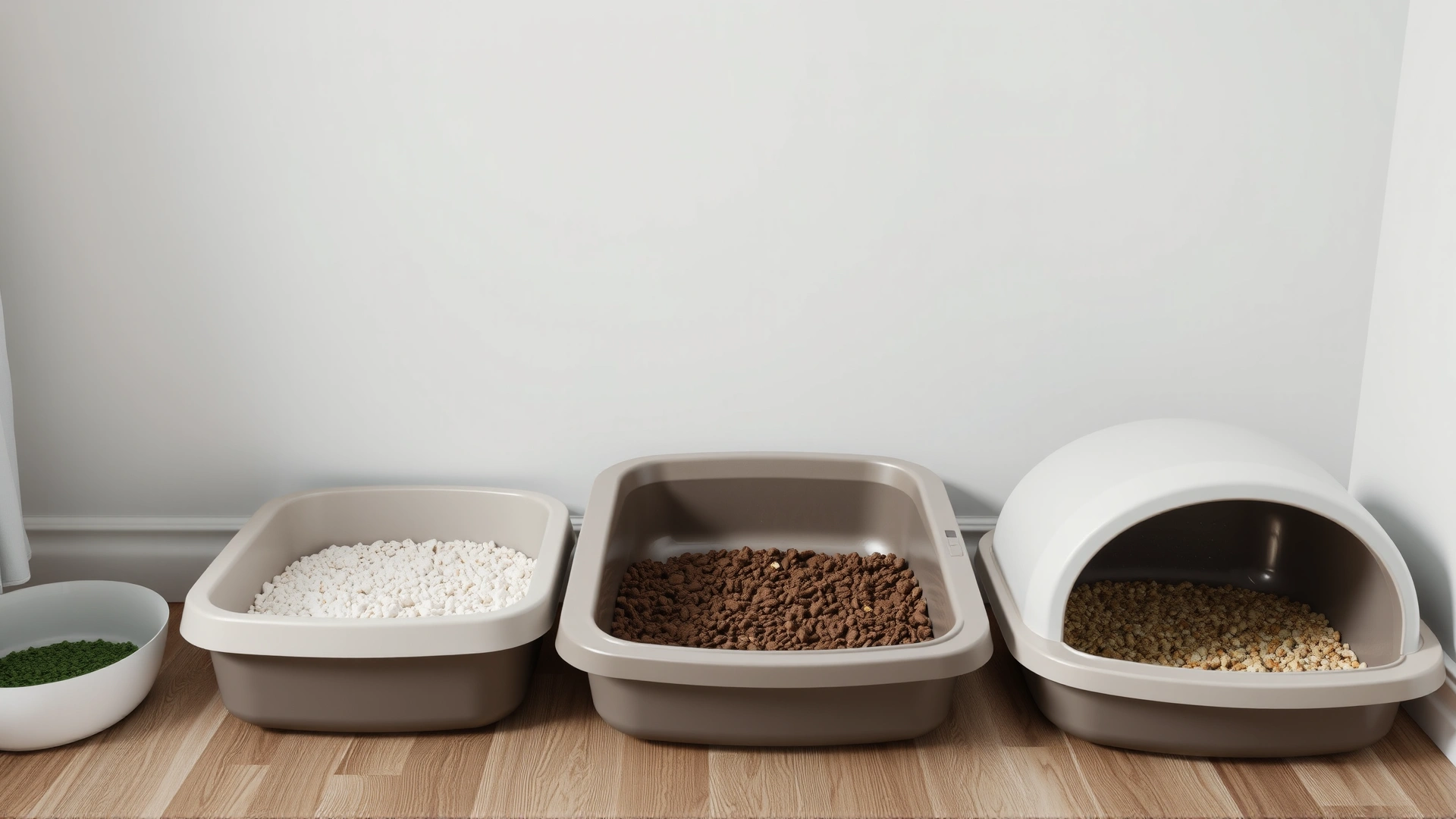Multiple clean litter boxes arranged in a quiet corner of a house with different substrates, no text