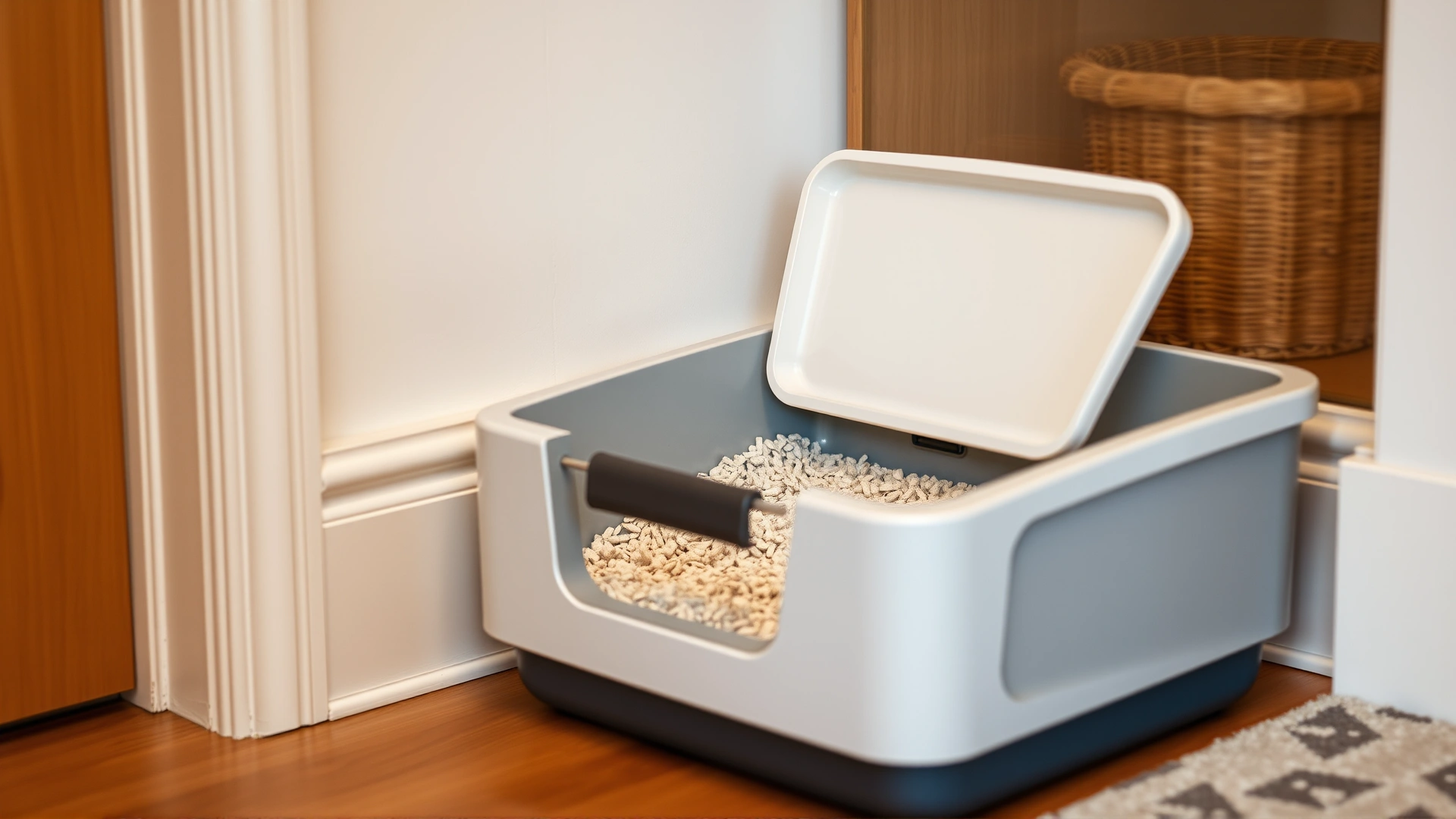 A spacious open litter box filled with unscented clumping litter, placed in a quiet corner of a tidy home.
