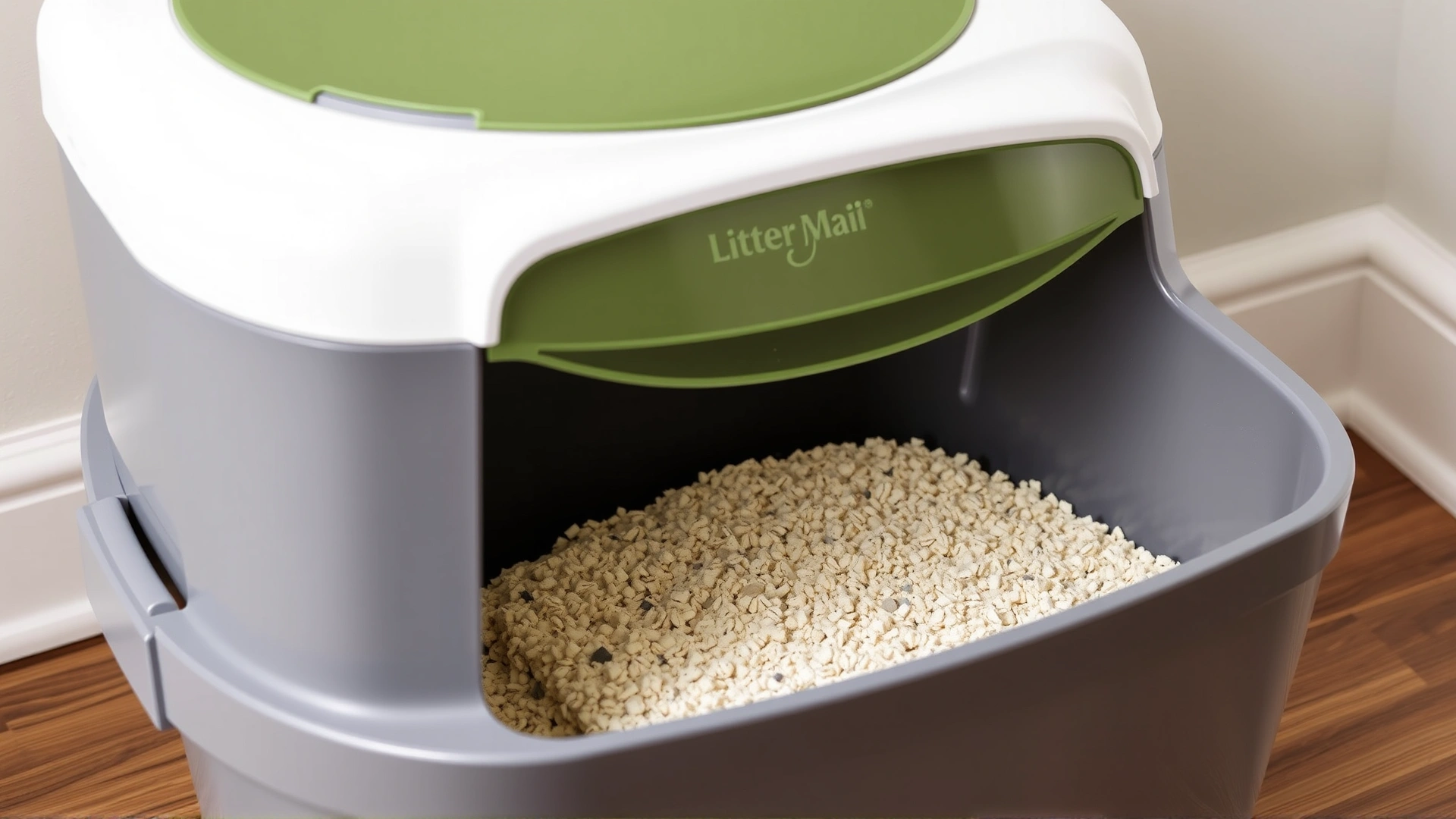 LitterMaid Multi-Cat self-cleaning litter box filled with clumping litter, side view with rake mechanism visible.