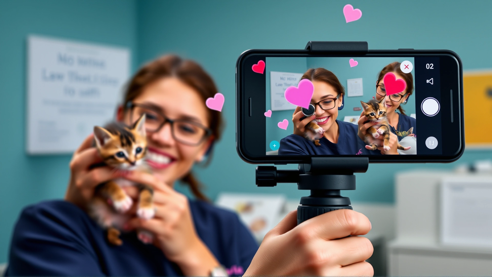 Shelter employee holding a small kitten while live-streaming on a phone mounted on a tripod; floating hearts and comments visible on the screen; candid, friendly mood.