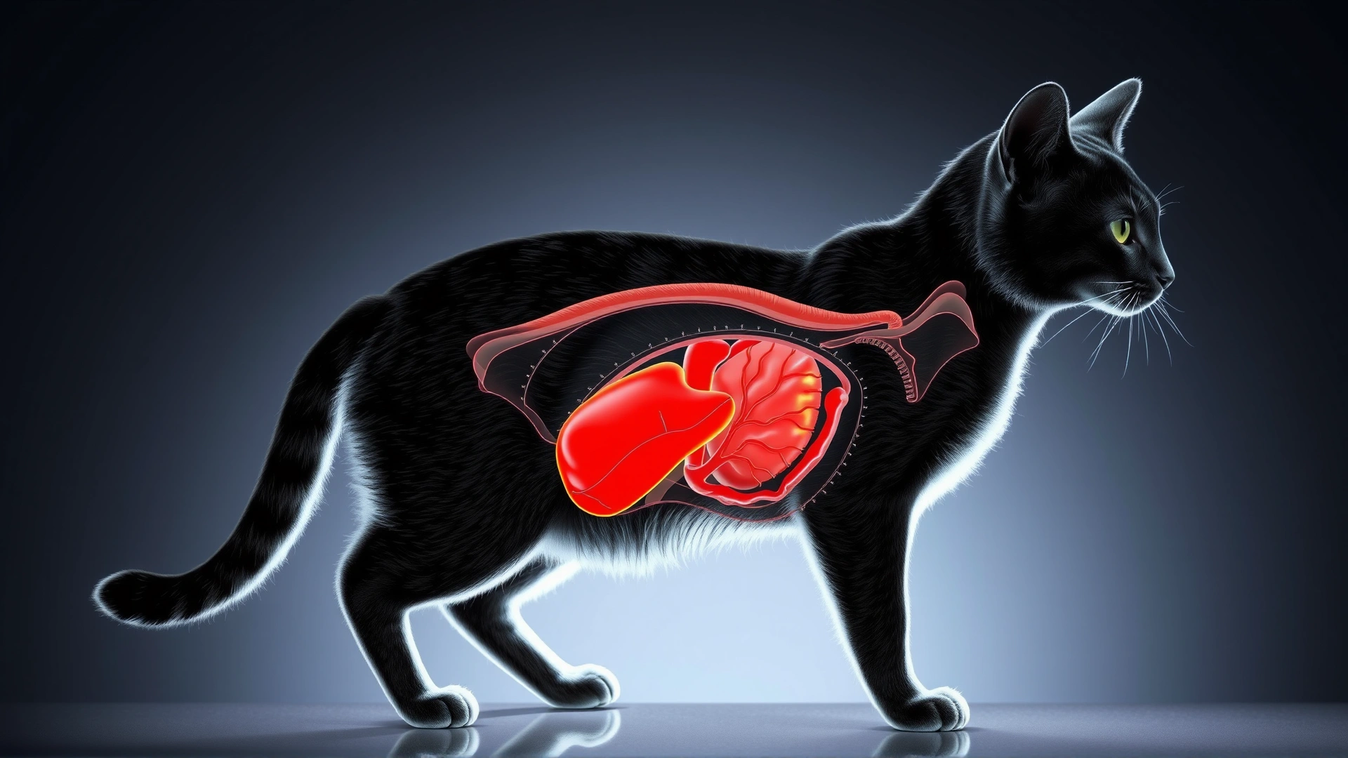 Artistic semi-transparent illustration of a cat silhouette showing internal organs with the liver highlighted in bright red, no text or labels