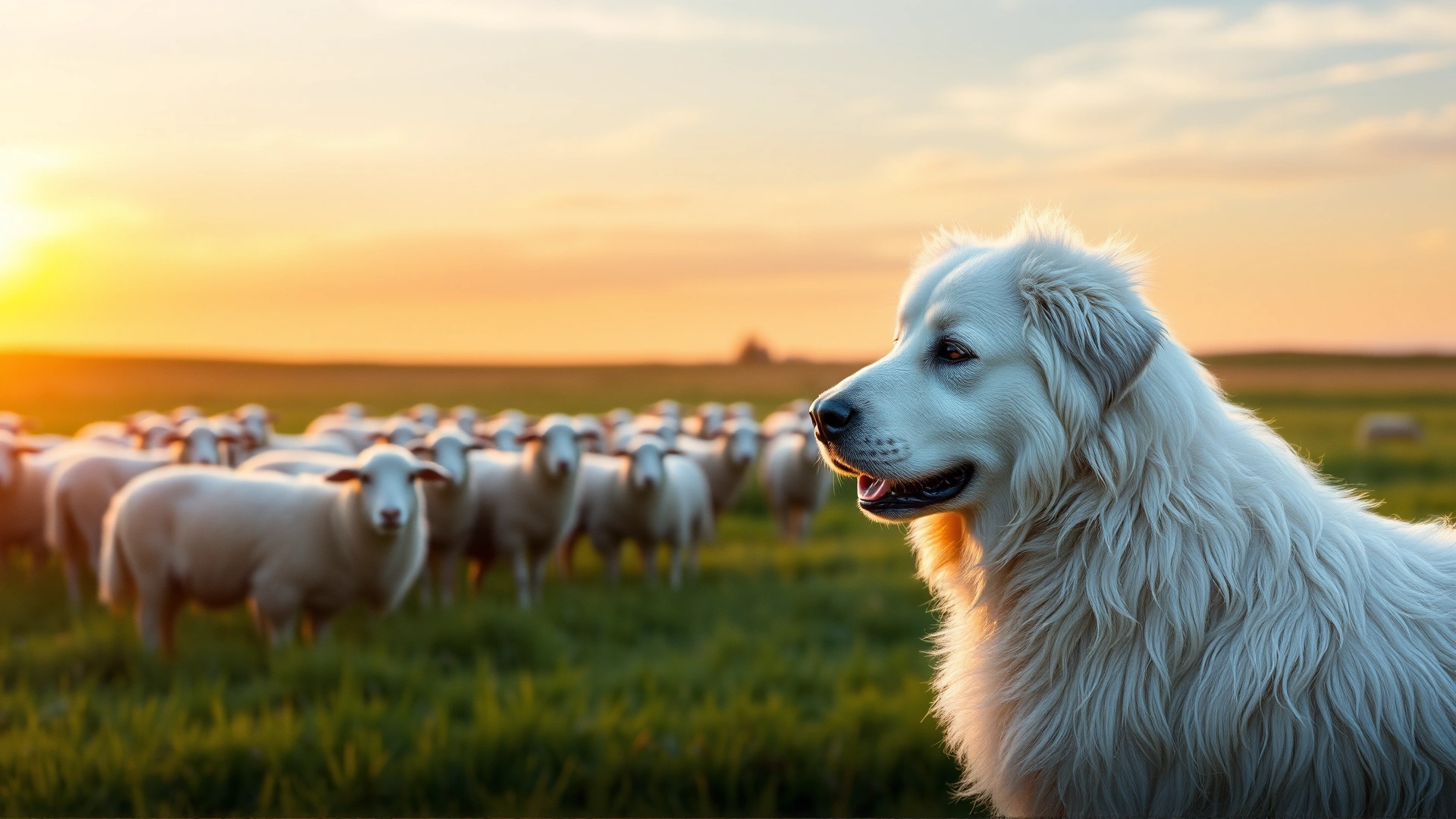 Great Pyrenees attentively guarding a flock of sheep in a wide pastoral field during sunset.