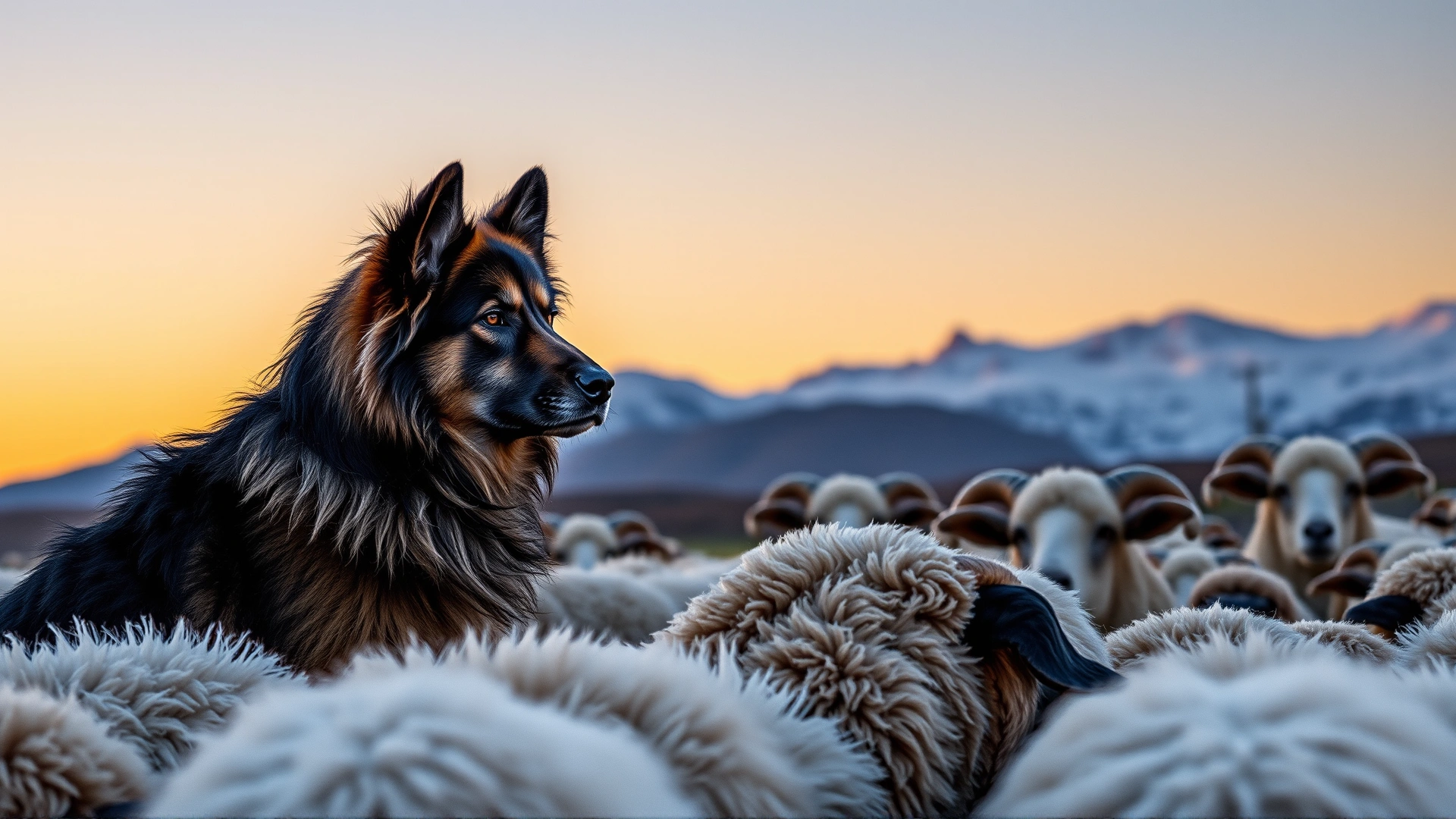 An adult Caucasian Shepherd calmly watching over a flock of sheep at dusk with snow-capped mountains behind, highlighting its guardian instinct.
